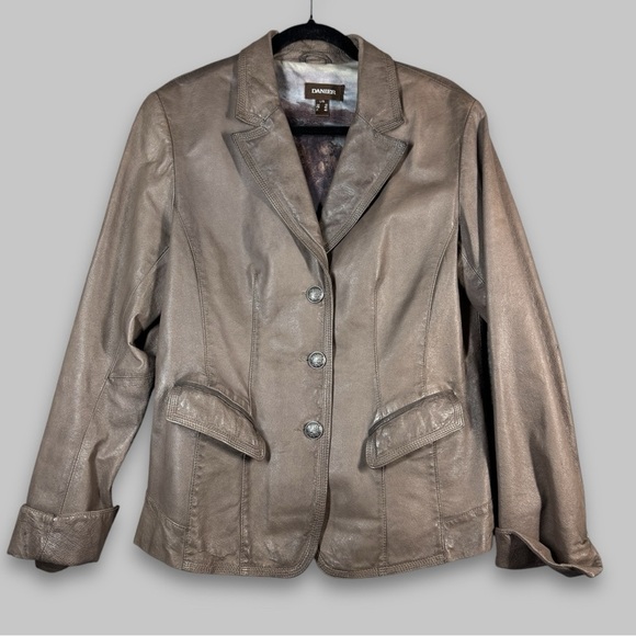 Vintage Danier Genuine Leather Classic Steel Gray Button Down Jacket Size Large - Picture 1 of 16